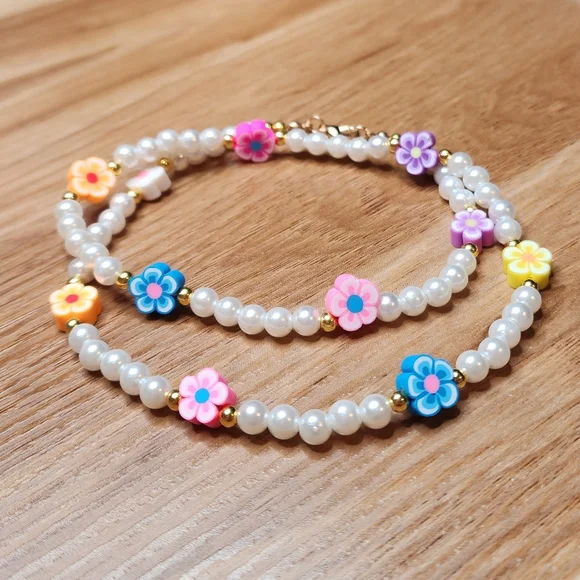 Kawaii Pearls & Colorful Flowers Beaded Necklace Y2K Handmade - Picture 1 of 6